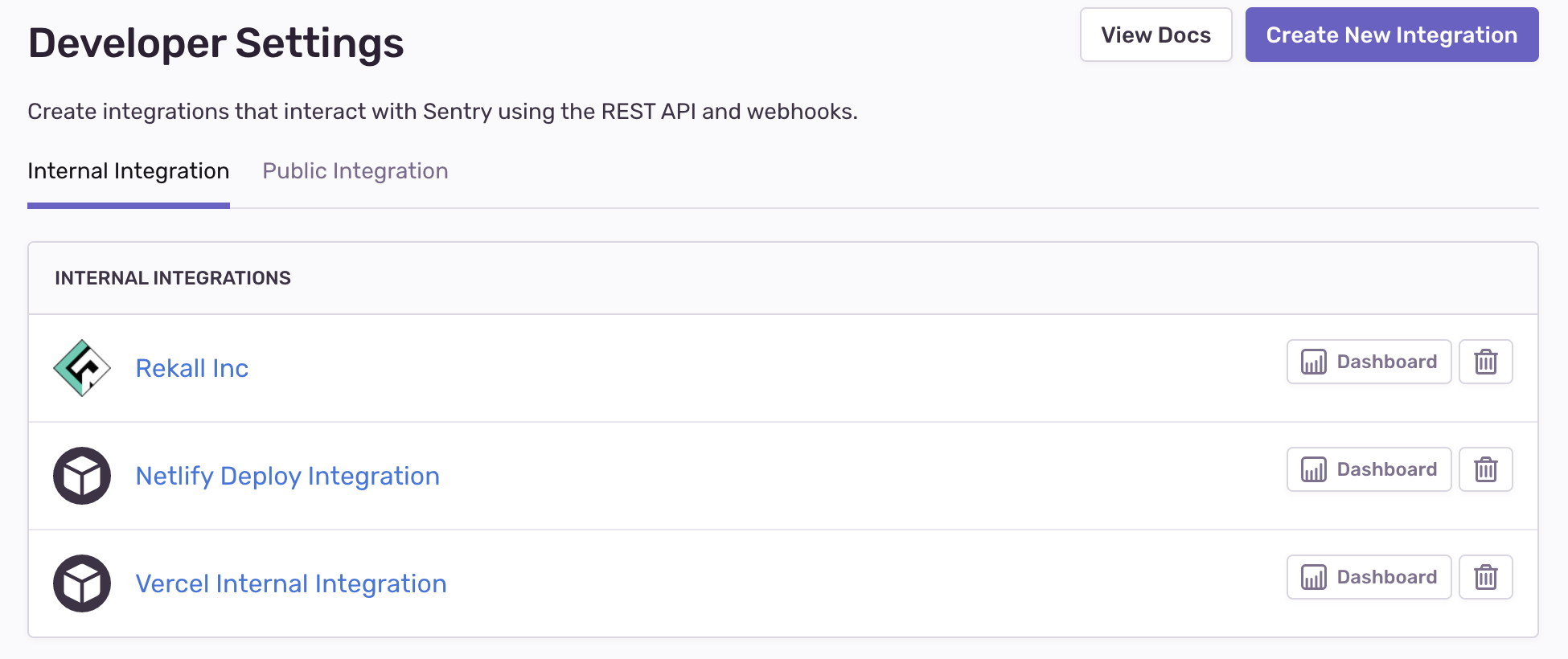 Settings page that allows developer to choose between public or internal integrations.